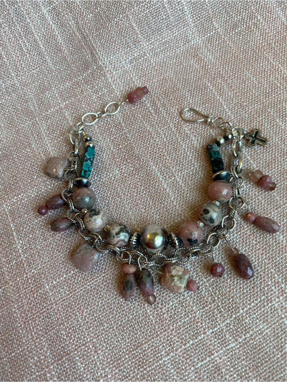 Artisan Pink Rhodochrosite & Turquoise Sterling Bracelet